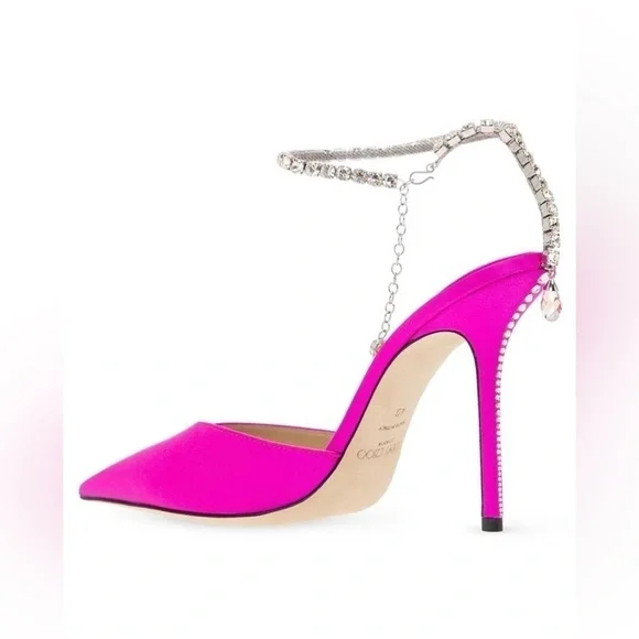 Jimmy Choo Saeda‎ 100mm Ankle Strap Pumps in Fuschia Satin with Crystal Chain - Picture 3 of 16